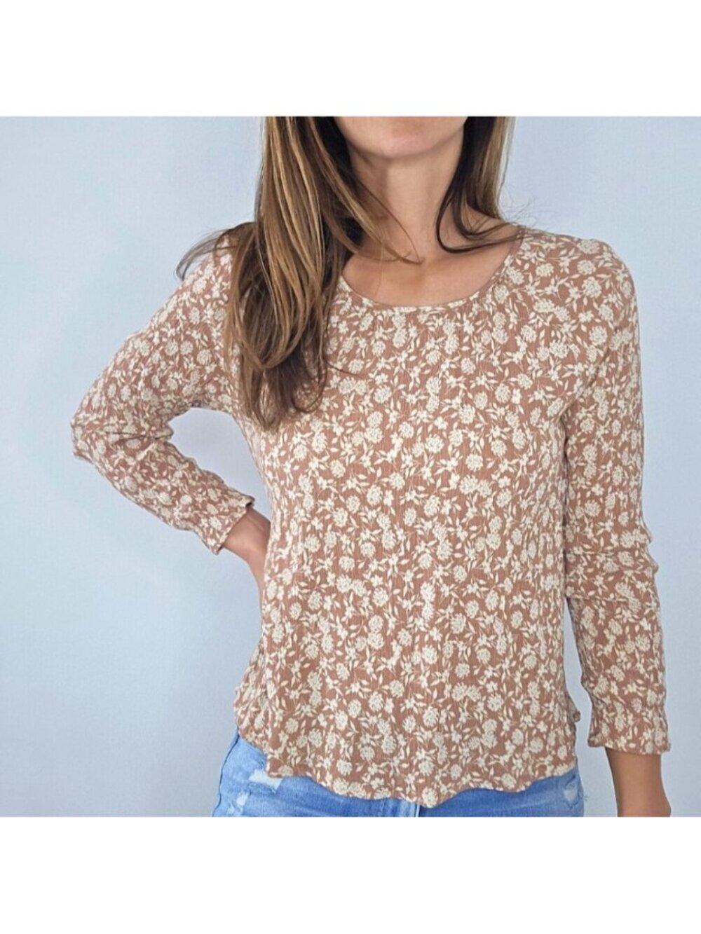 Cozy Casual Floral Long Sleeve Top Brown & Cream Size Small